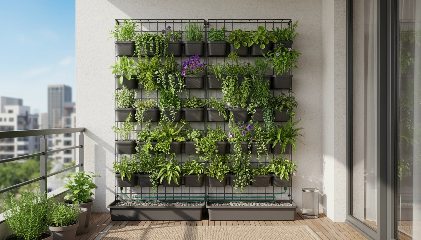 Mur végétal installé sur un balcon d'appartement sans perçage, avec des poches géotextiles vertes fixées sur une structure autoportante en bois