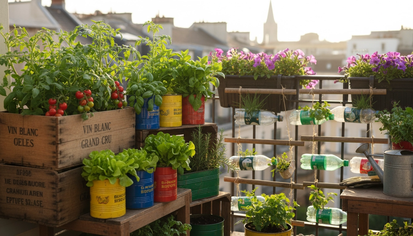 Balcon urbain verdoyant illustrant le jardinage récup et DIY avec des contenants recyclés et des légumes en pleine croissance