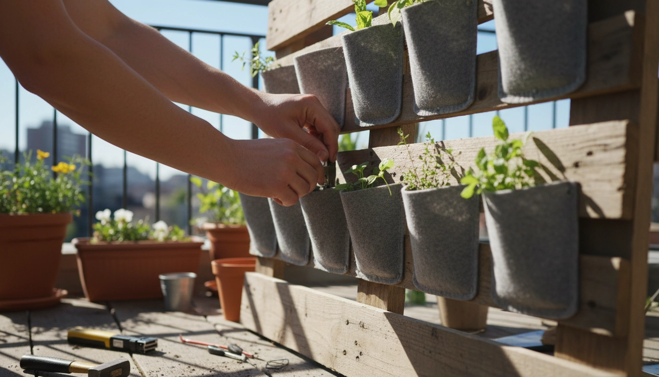 Fabrication d'un support plantes DIY en palette récupérée sur un balcon urbain, avec poches de géotextile et herbes aromatiques