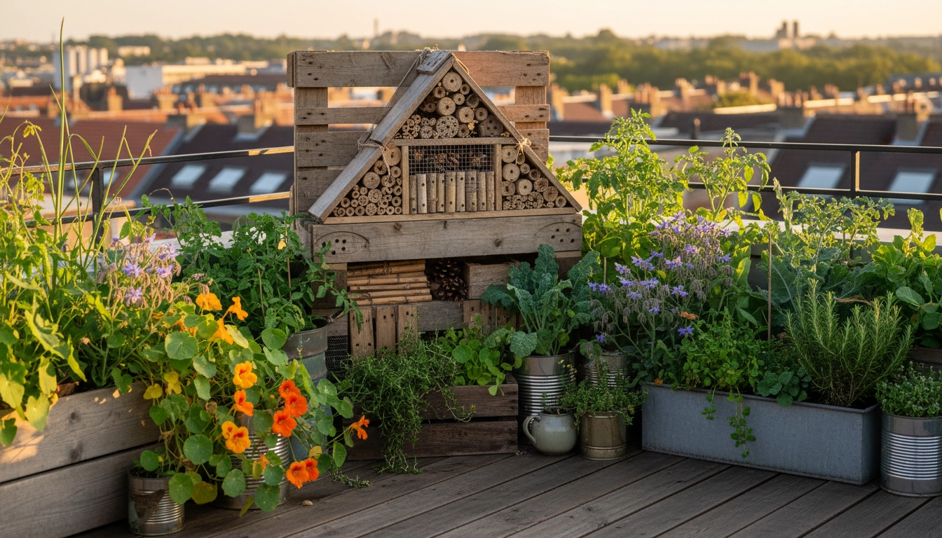 Potager urbain biodiversifié avec hôtel à insectes DIY en bois récupéré et fleurs mellifères sur un balcon végétalisé