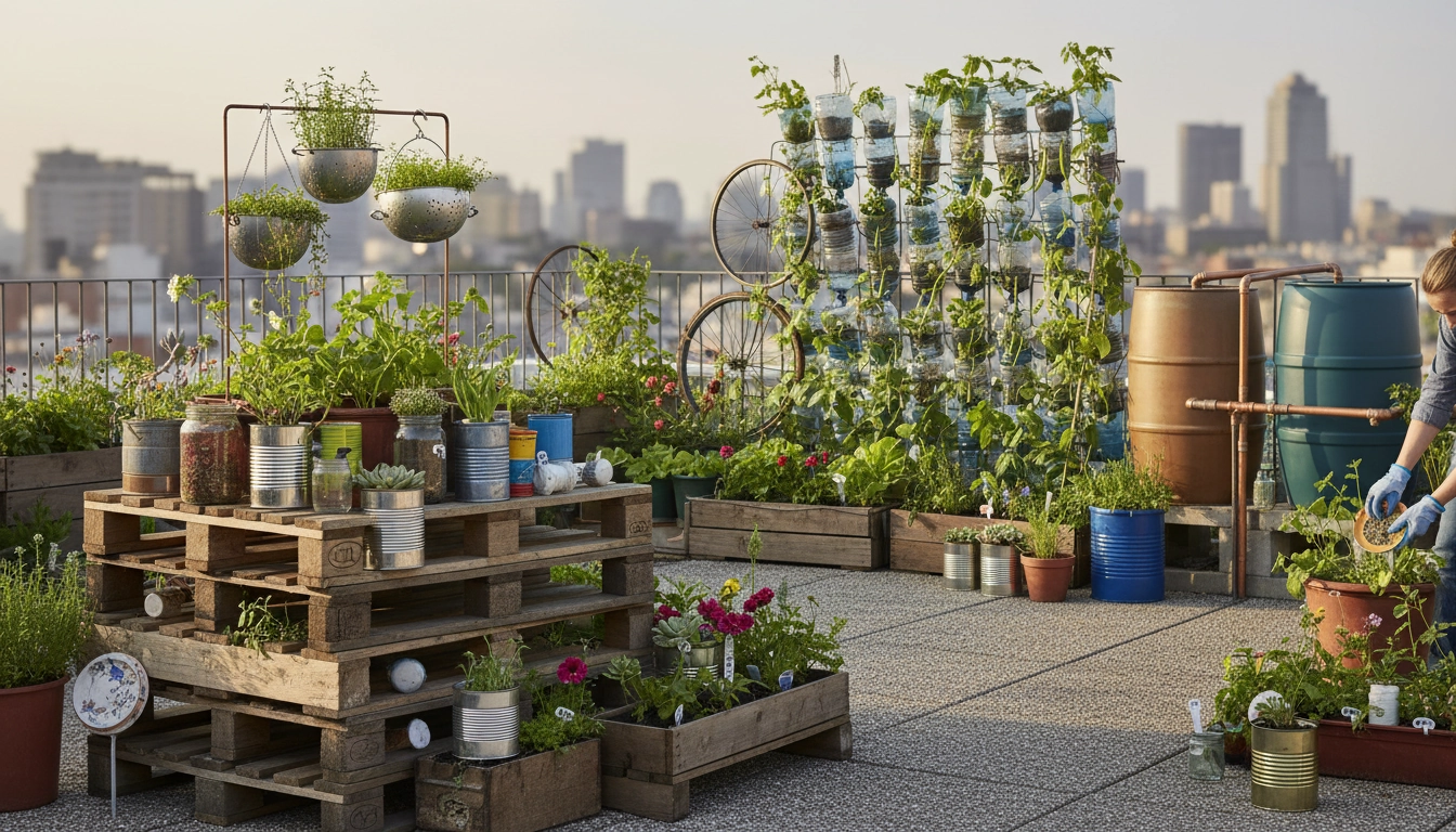 Balcon urbain avec jardinières récup en bois et pots DIY remplis de légumes et herbes aromatiques
