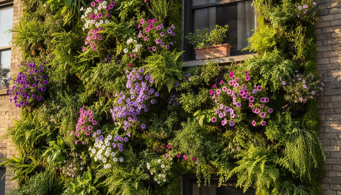 Mur de jardinage vertical luxuriant avec fougères, herbes et pétunias retombants sur façade urbaine