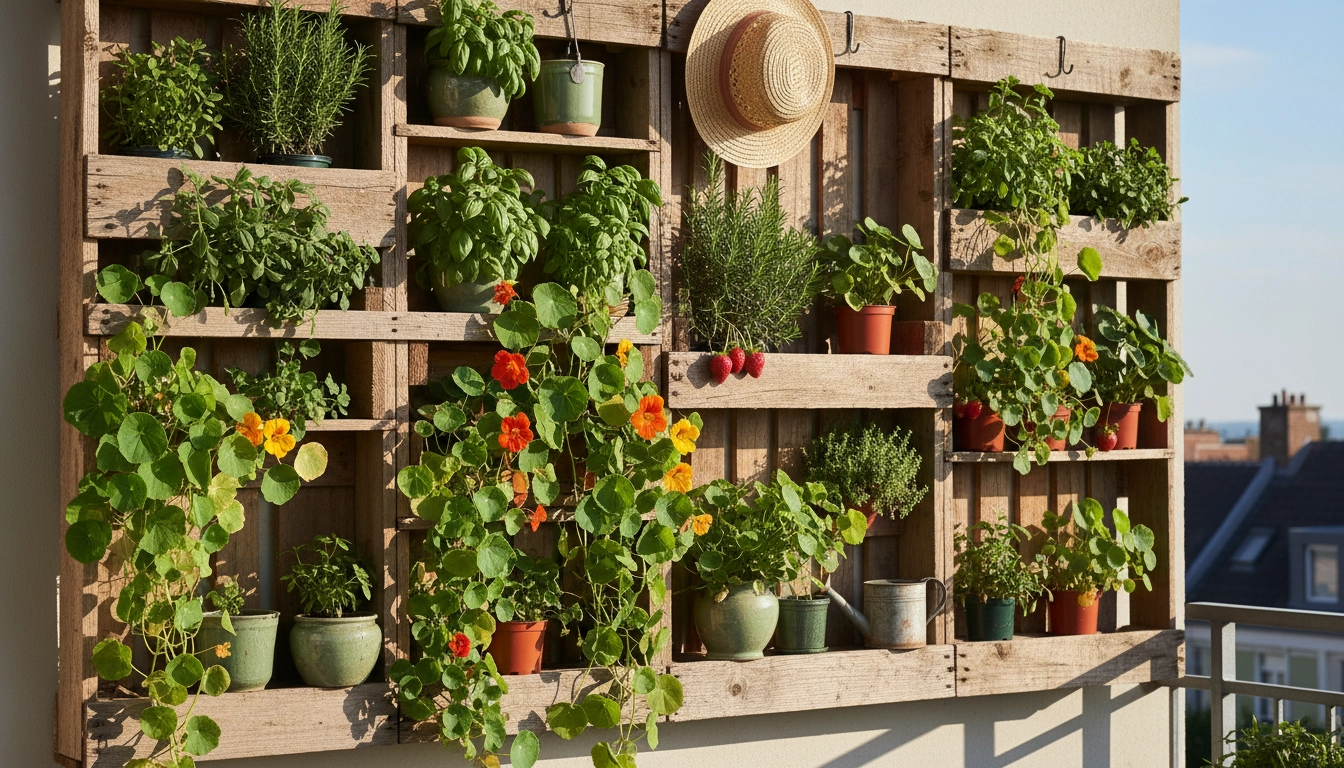 Potager vertical DIY réalisé avec des palettes en bois sur un balcon ensoleillé, avec herbes aromatiques et fraisiers