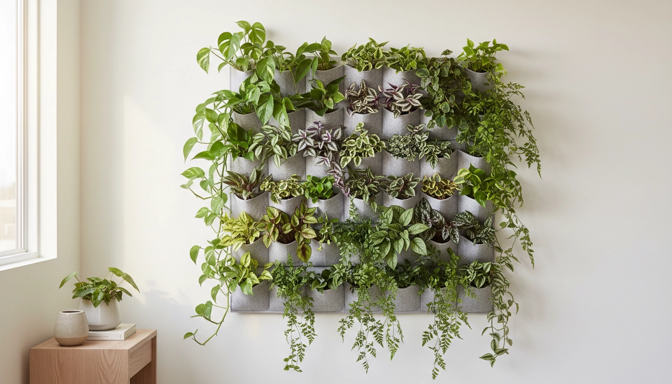 Mur végétal intérieur avec poches en feutre garnies de pothos et fougères dans un appartement lumineux