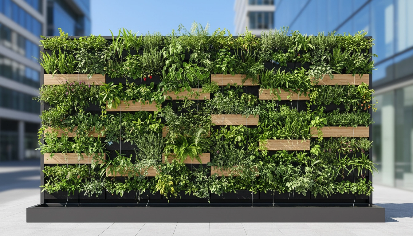 Jardin de jardinage vertical luxuriant avec mur végétal et plantes grimpantes colorées sur balcon urbain