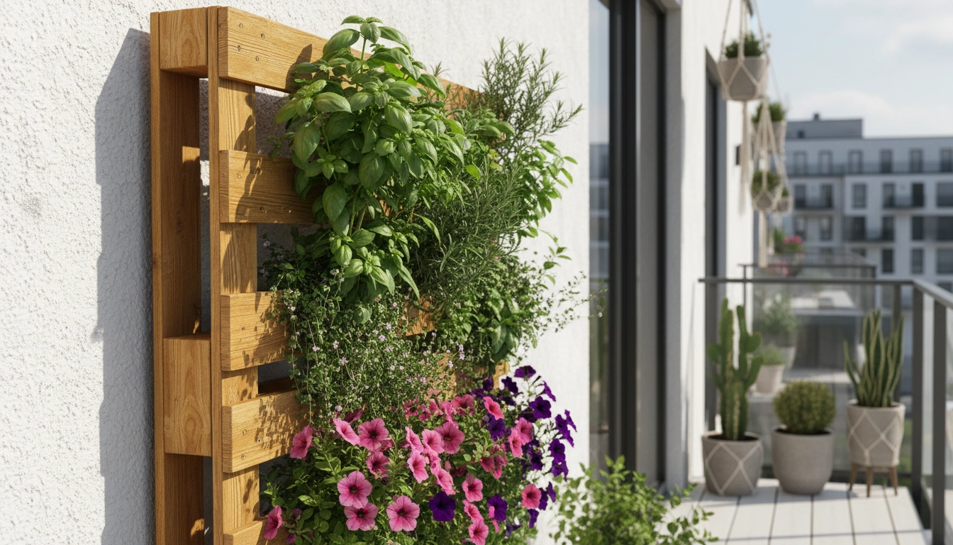 Jardinière balcon avec palette bois récupérée en position verticale, garnie d'herbes aromatiques et de pétunias colorés