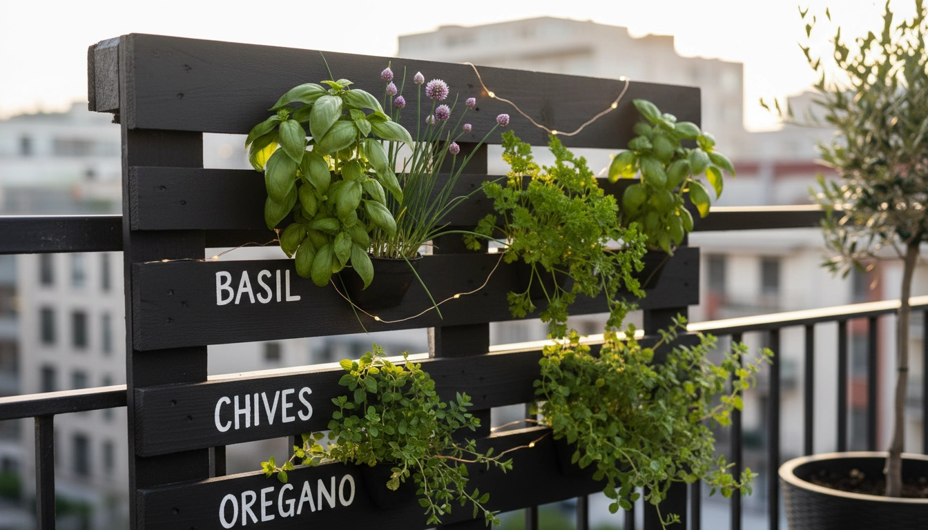 Personnalisation créative d'une jardinière palette de balcon peinte en noir avec guirlande solaire et aromates