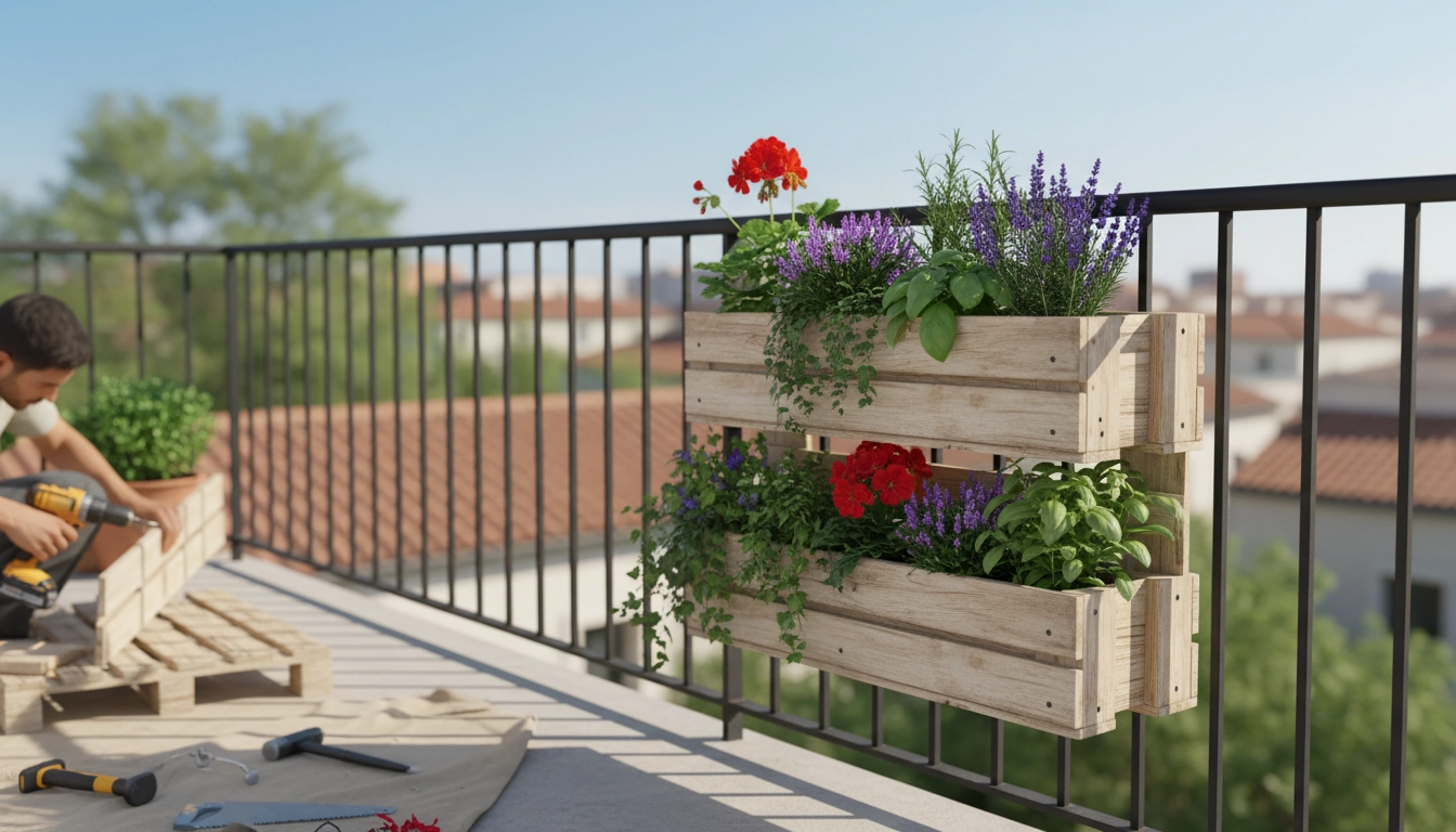 Jardinière balcon avec palette bois récupérée dressée contre un mur, garnie d'herbes aromatiques et de fleurs colorées