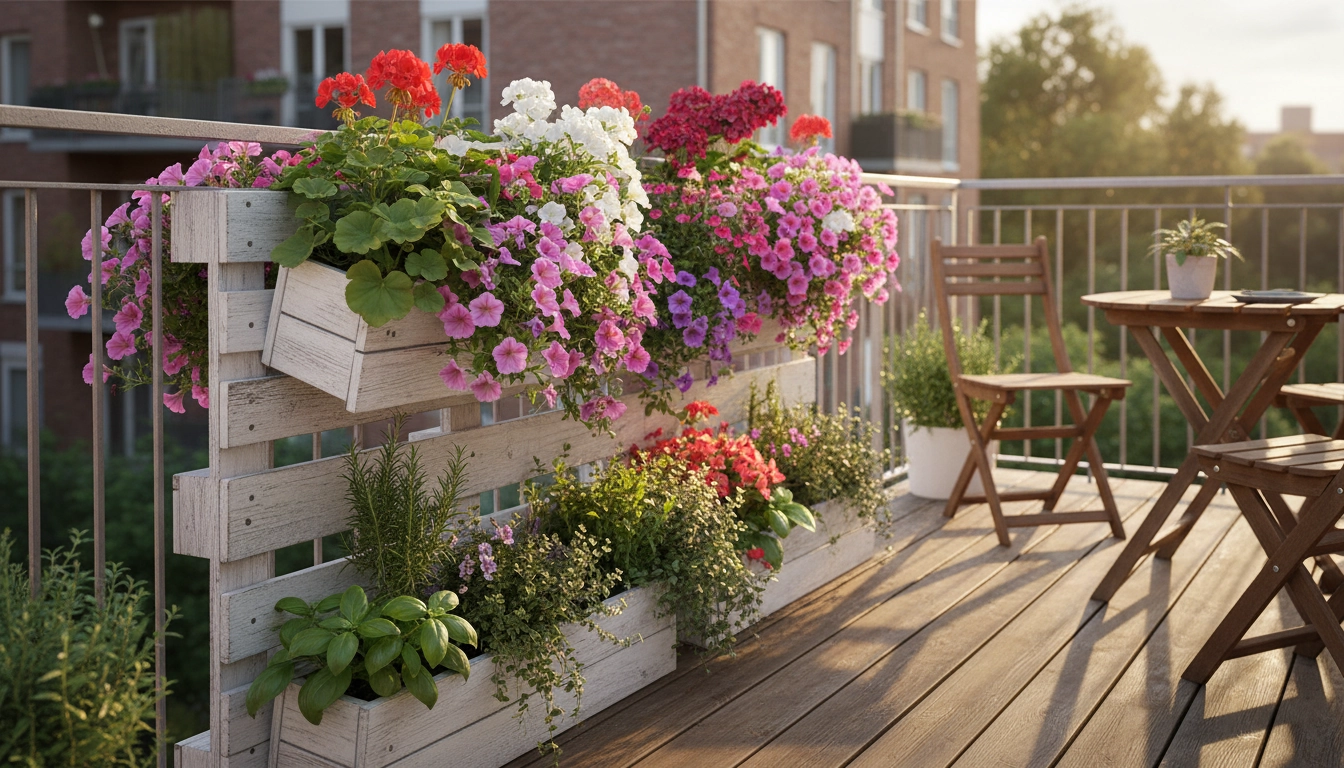 Jardinière récup balcon réalisée avec une palette de bois peinte en blanc et fleurie de géraniums et pétunias colorés