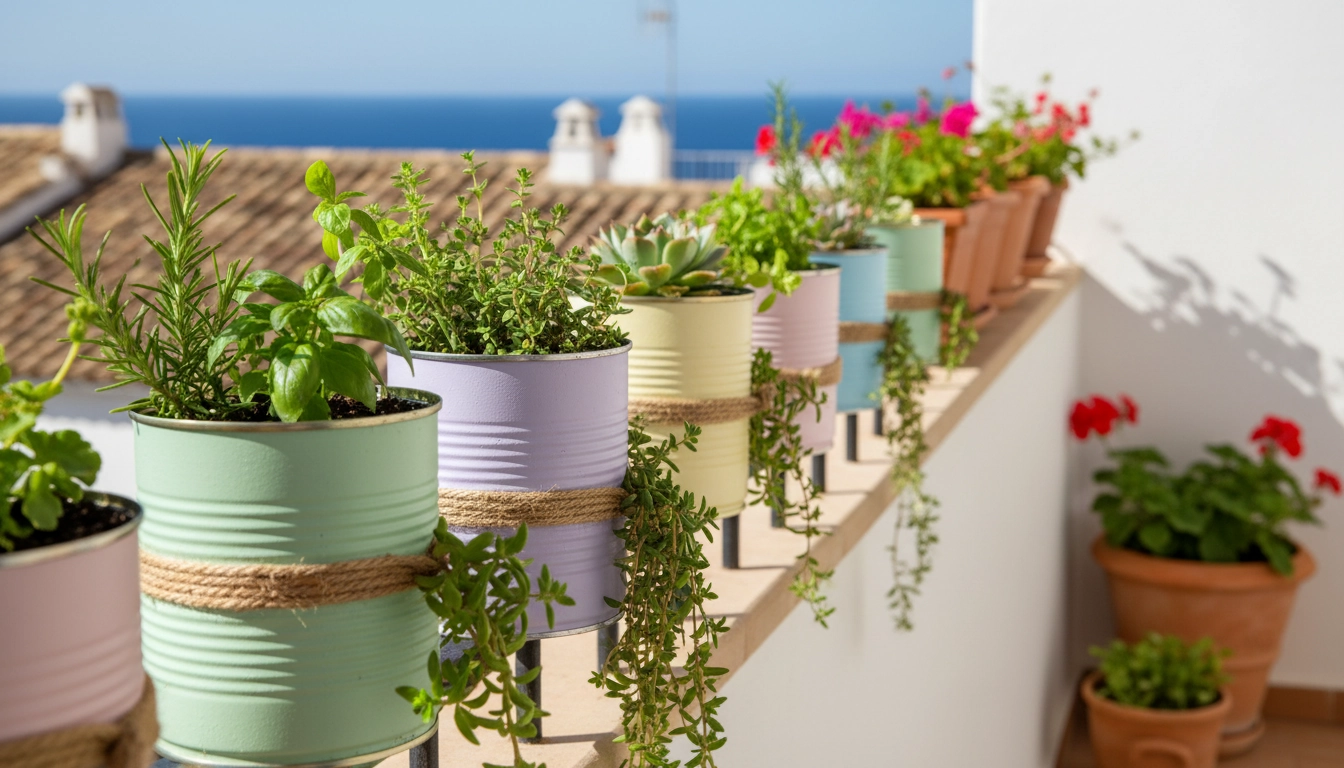 Pots de fleurs DIY fabriqués à partir de boîtes de conserve recyclées peintes en couleurs pastels sur balcon urbain