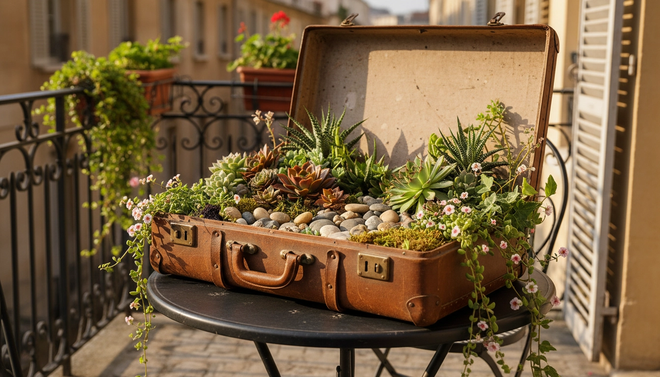 Jardinière vintage de balcon créée à partir d'une vieille valise en cuir remplie de succulentes et de plantes décoratives