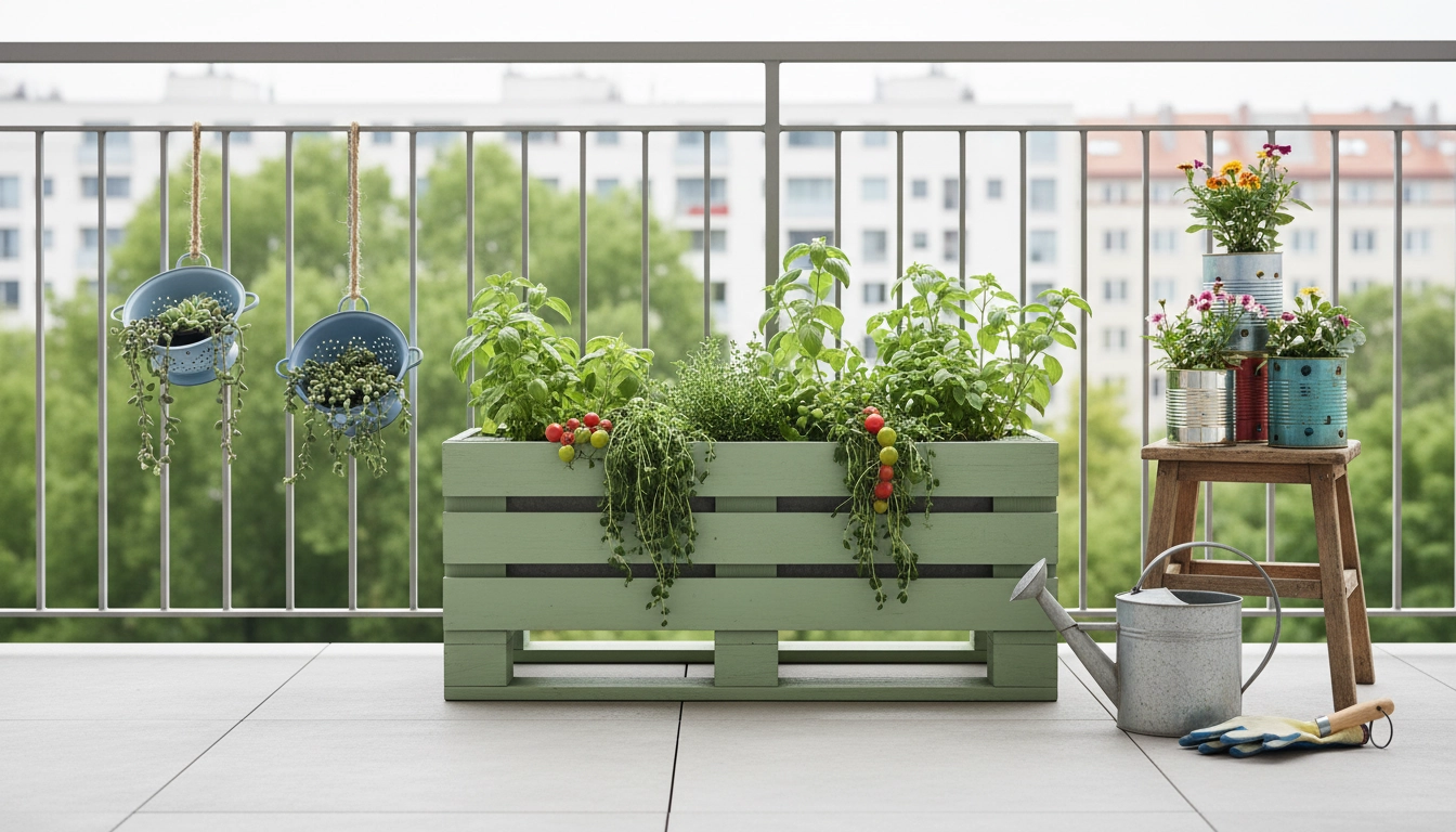 Jardinière récup balcon faite avec une palette de bois et des plantes fleuries colorées