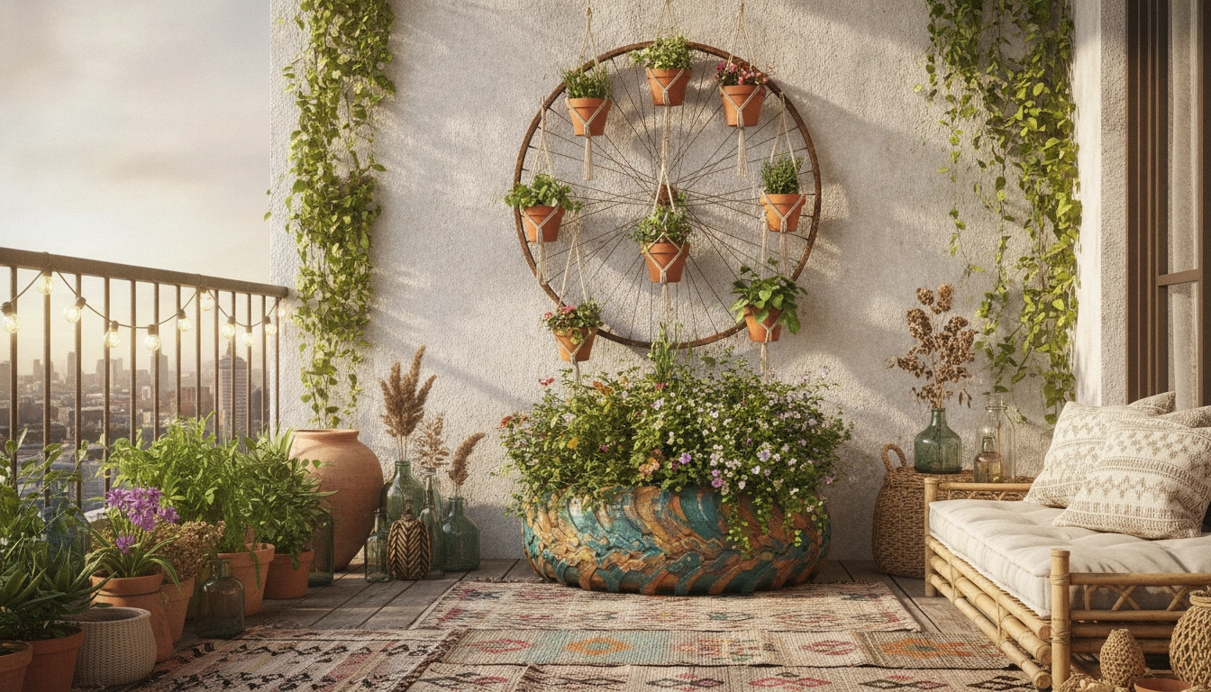 Une magnifique jardinière récup balcon idées pneus roues vélo bois flotté installée sur un balcon ensoleillé.