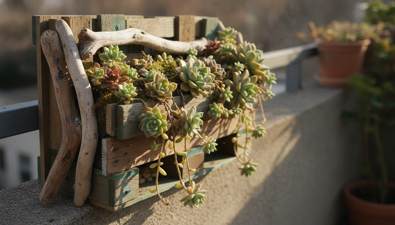 Détails d'une jardinière en bois flotté pour un balcon naturel et élégant.