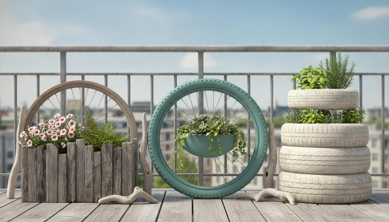Une composition créative de jardinière récup balcon idées pneus roues vélo bois flotté sur un petit balcon urbain.