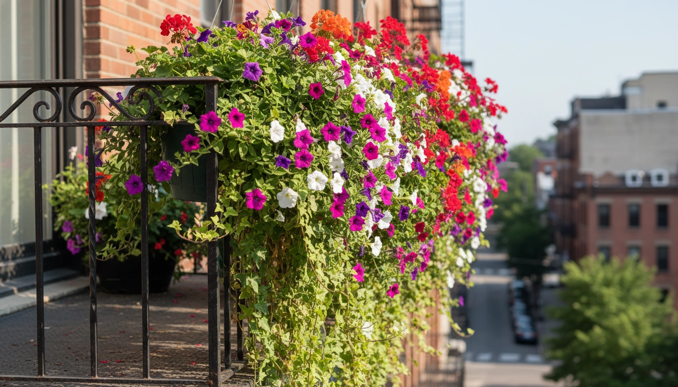 Balcon fleuri avec jardinières suspendues balcon remplies de pétunias et géraniums colorés en cascade