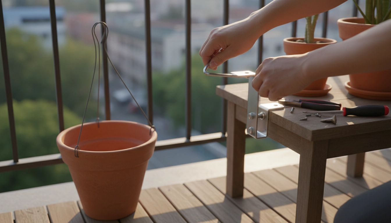 Fixation d'un crochet de rambarde pour jardinière suspendue sans perçage sur balcon d'appartement