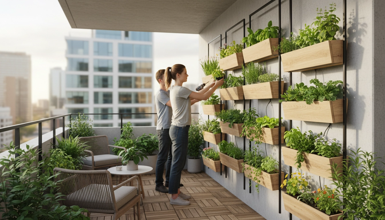 Installation de jardinières suspendues sur un balcon de ville avec des plantes colorées en fleur