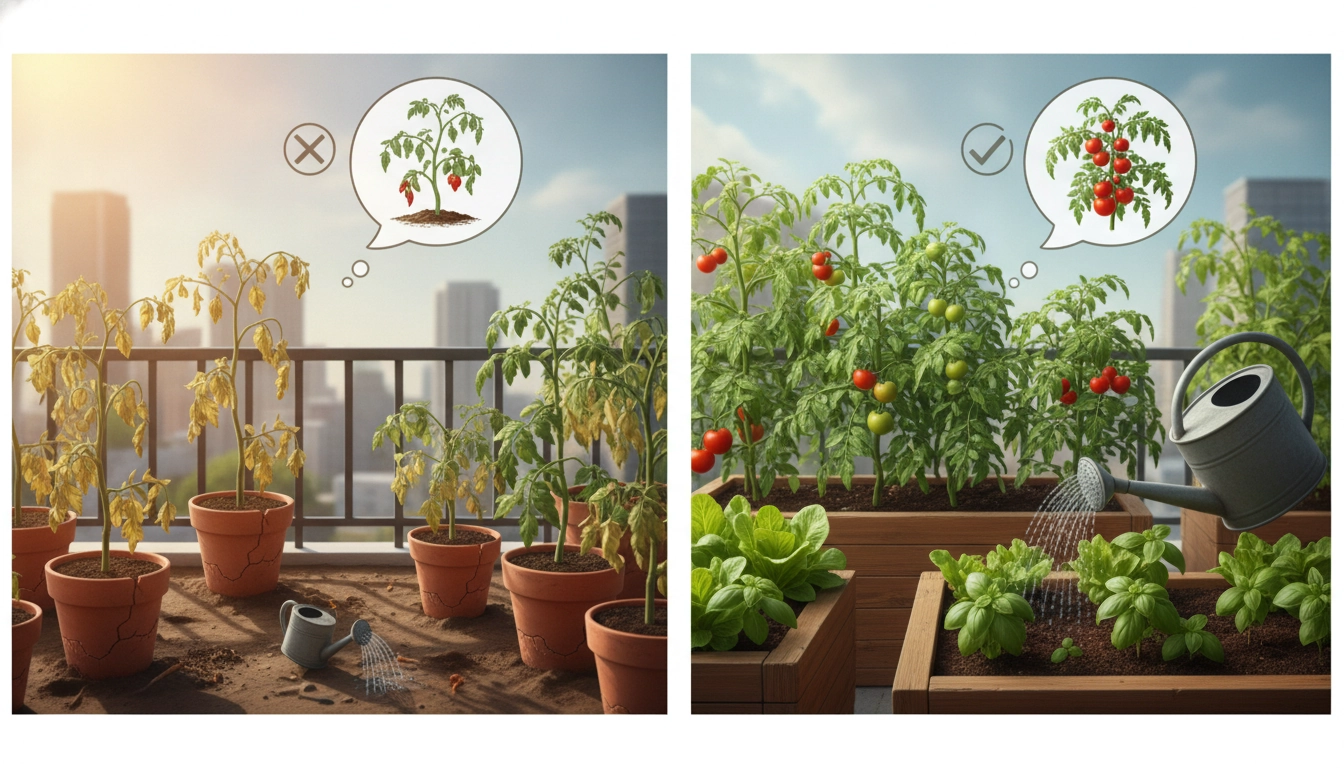 Un potager sur balcon bien entretenu pour illustrer pourquoi mes légumes de balcon ne poussent pas.