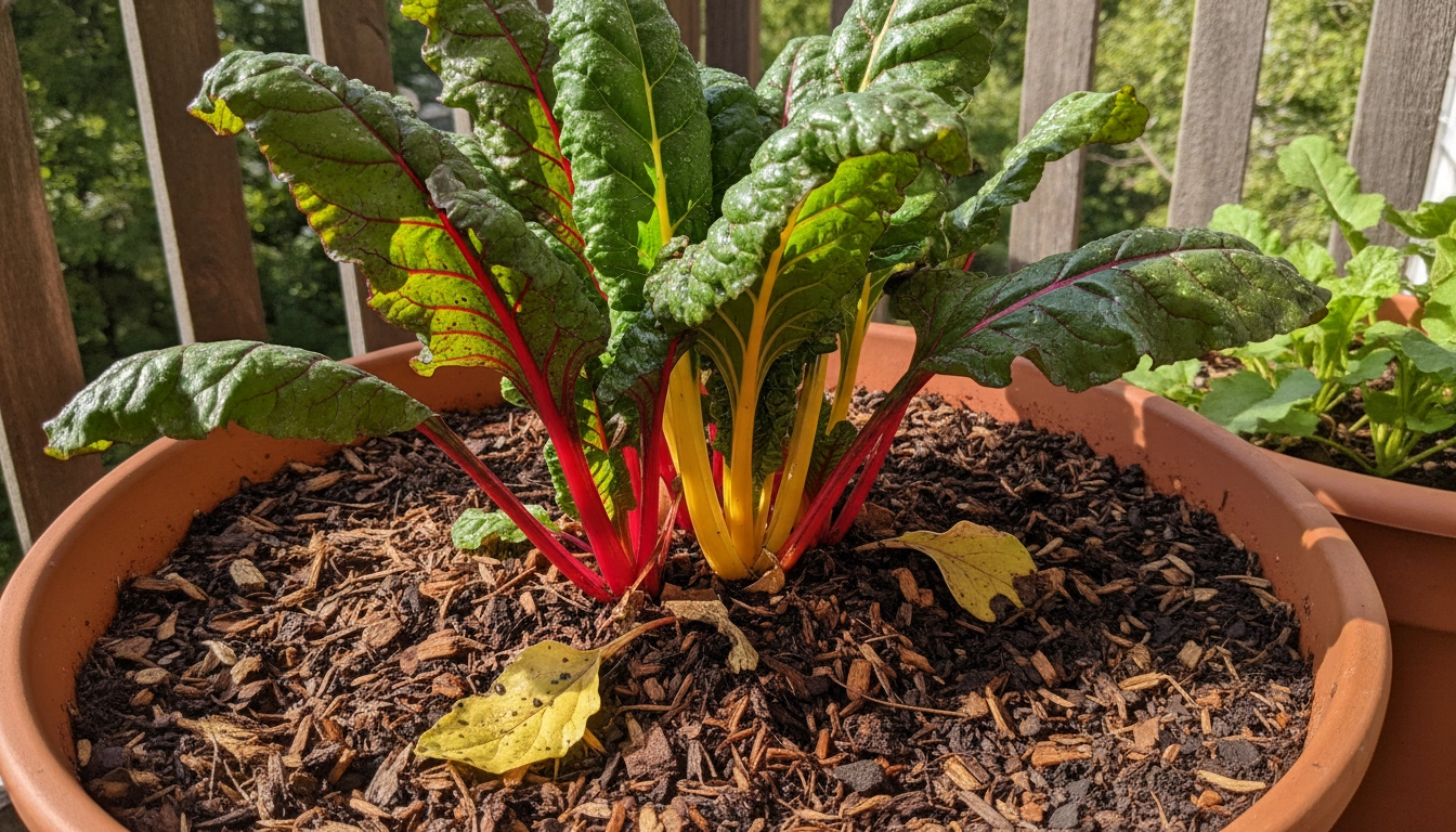 Pied de blette robuste cultivé sur un balcon avec un paillage efficace pour garder l'humidité