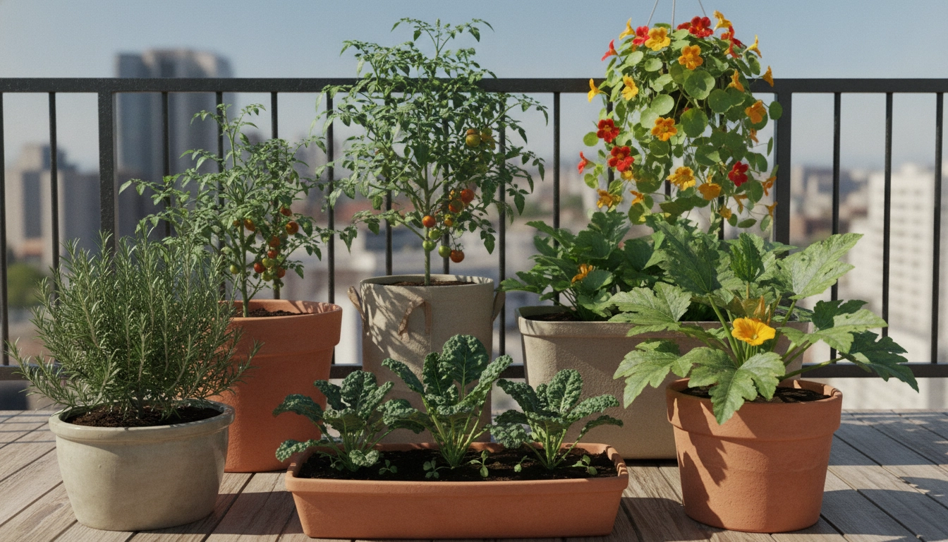 Un balcon urbain verdoyant avec des légumes faciles à cultiver balcon sans arrosage quotidien dans des pots bien paillés