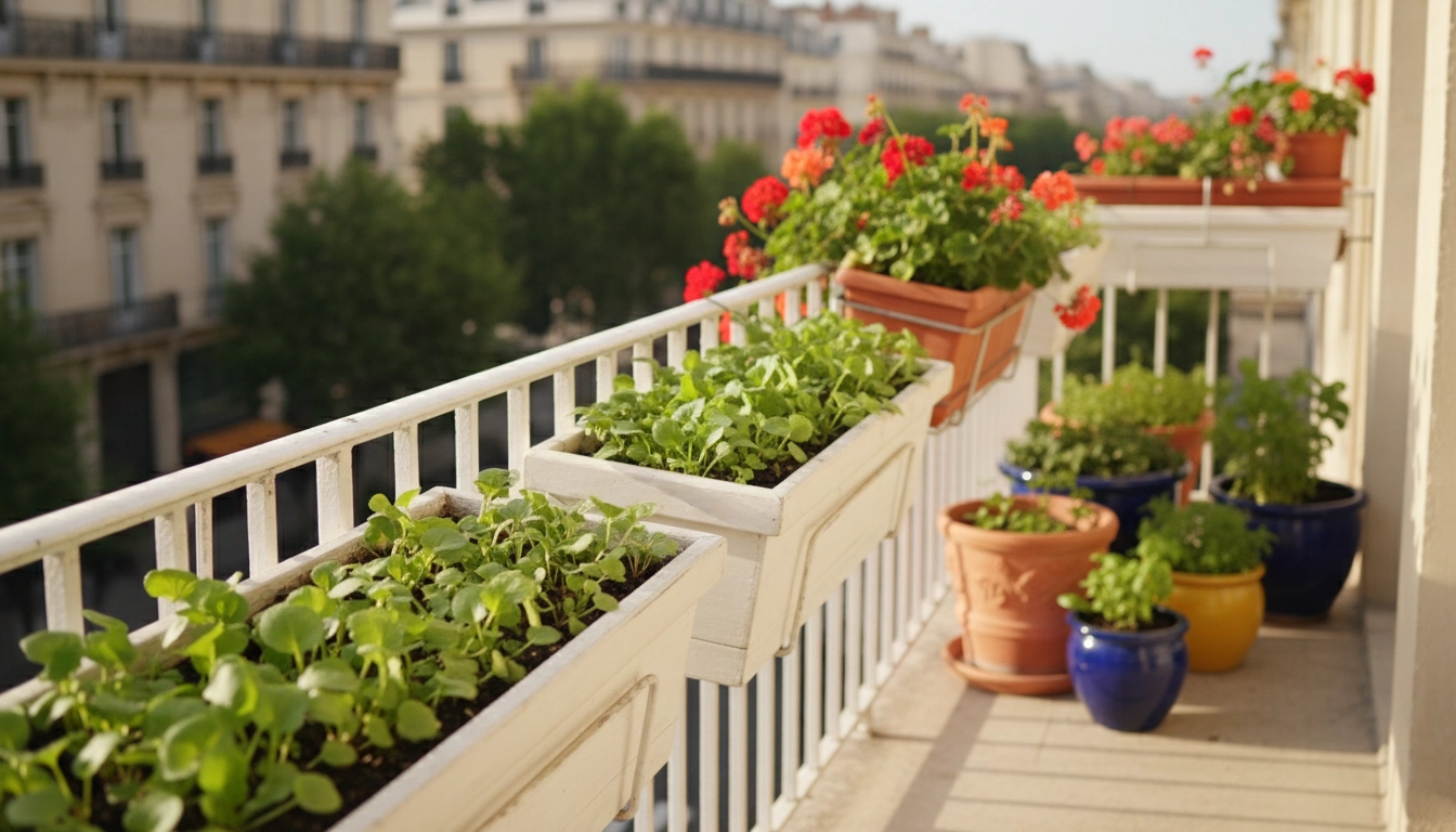 Légumes à croissance rapide balcon débutant : radis, roquette et épinards poussant dans des bacs colorés