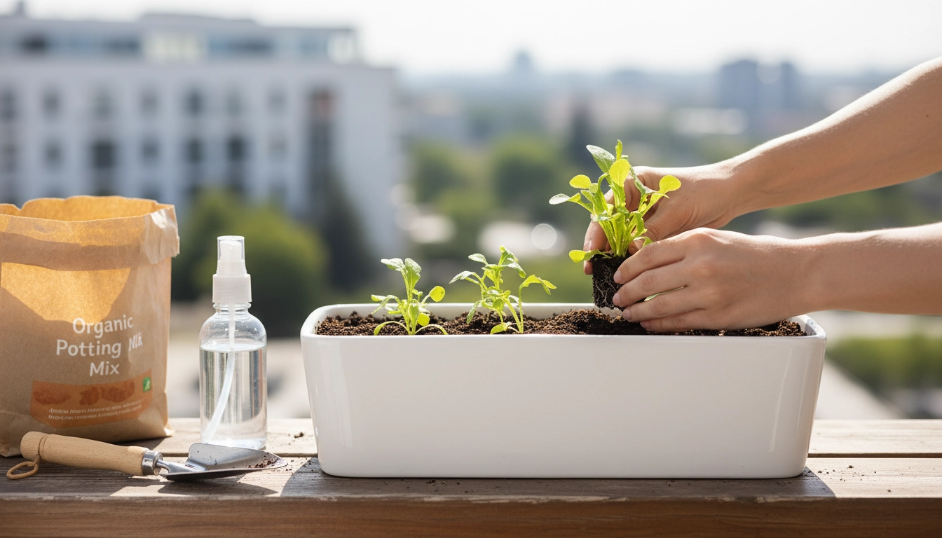 Repiquage de jeunes plants de laitue et roquette dans un bac de balcon pour un jardinage débutant réussi