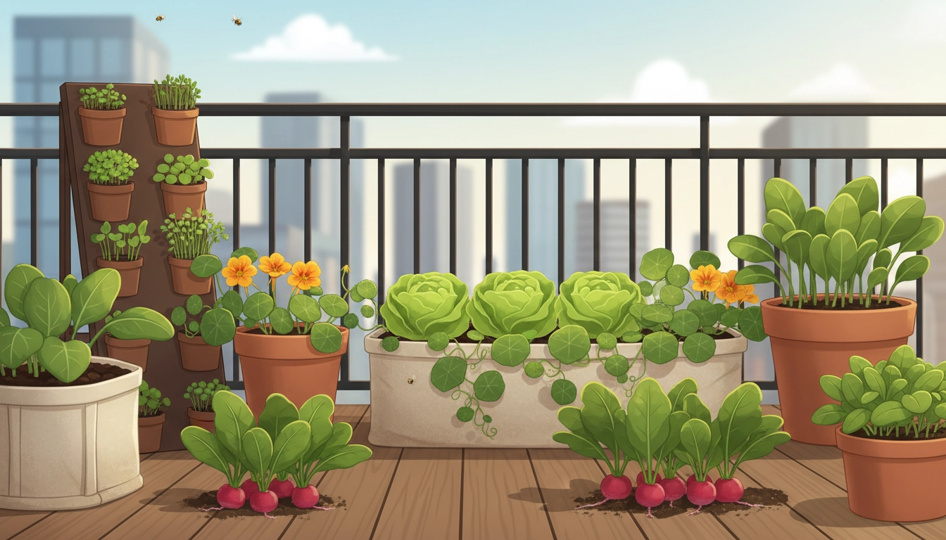 Bacs de légumes à croissance rapide sur un balcon ensoleillé, idéal pour un débutant