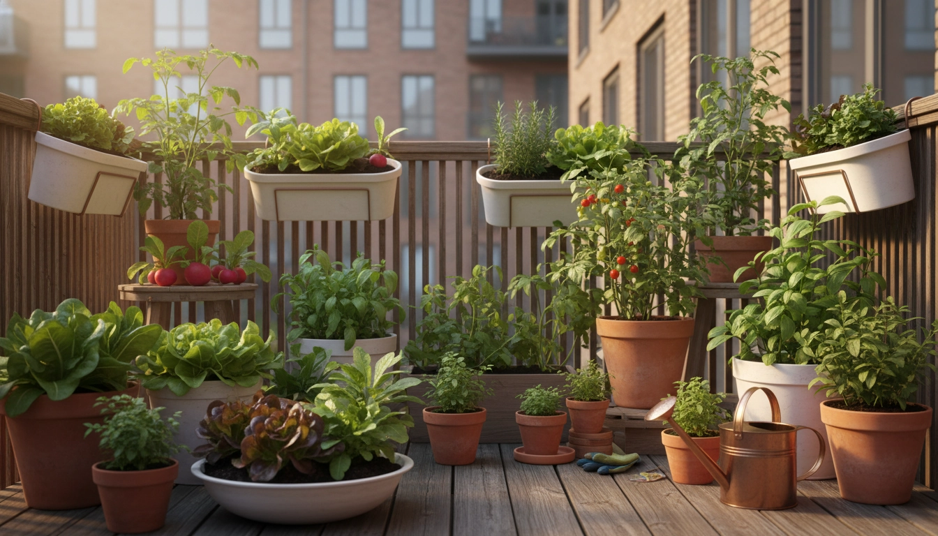 Légumes faciles balcon dans des pots variés sur un balcony ensoleillé avec laitues, radis et tomates cerises