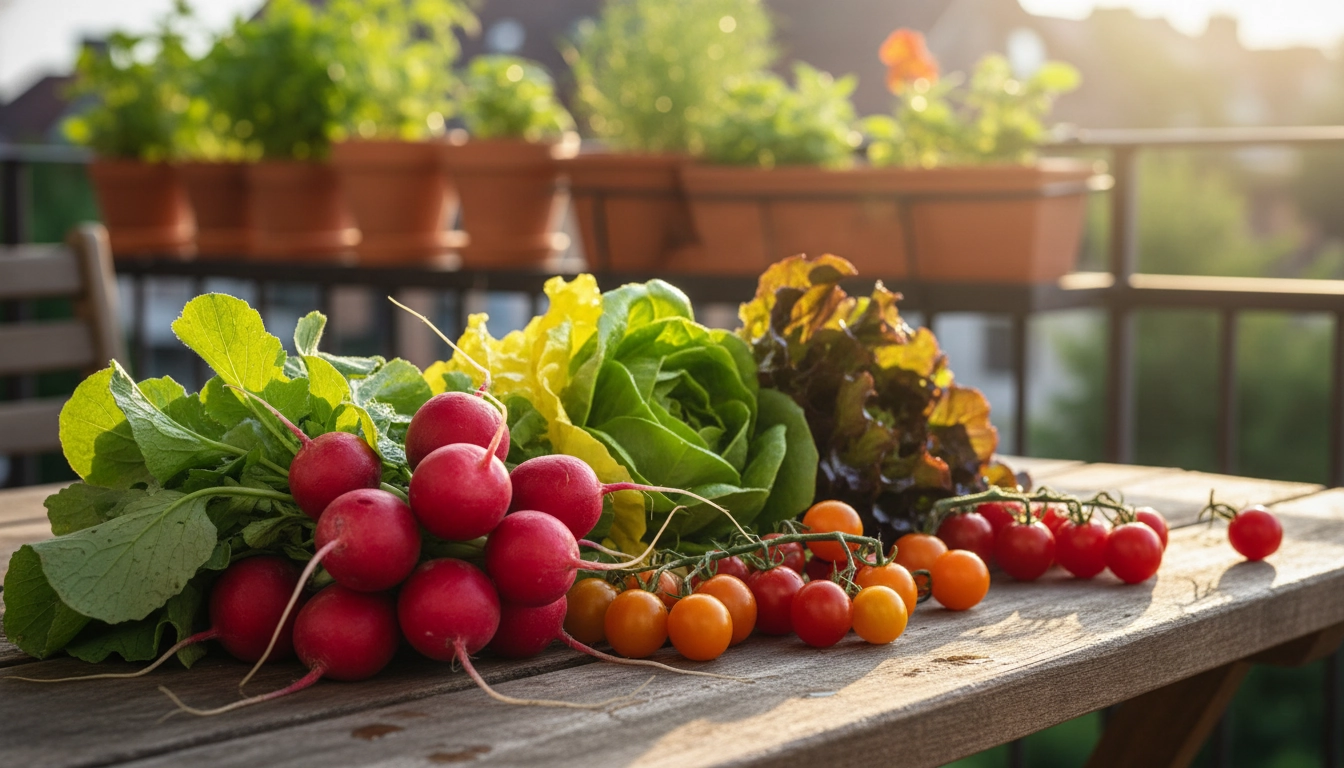 Récolte de légumes faciles sur balcon : radis, laitues et tomates cerises fraîchement cueillis