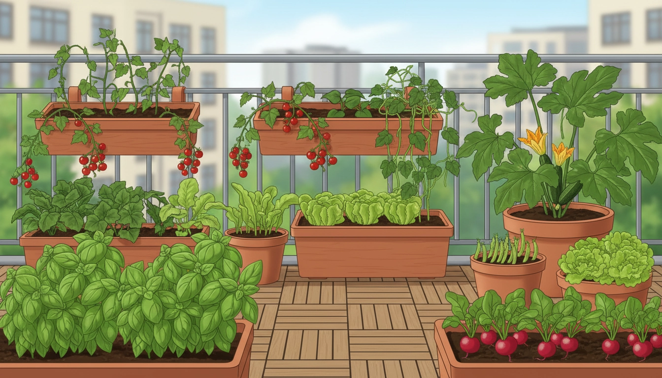 Potager sur balcon avec légumes faciles à cultiver dans des pots colorés au soleil