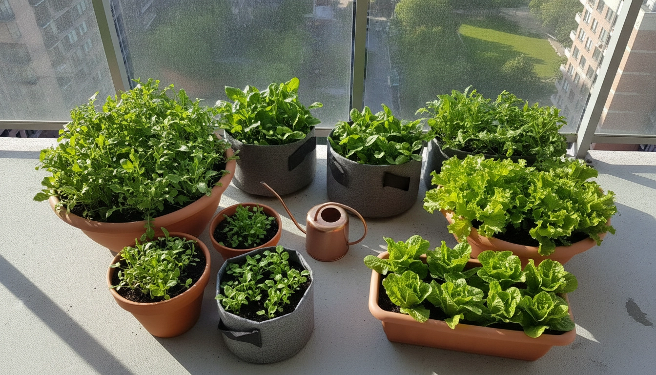 Légumes feuilles faciles à cultiver balcon appartement avec plusieurs bacs de laitue, épinard et roquette en croissance