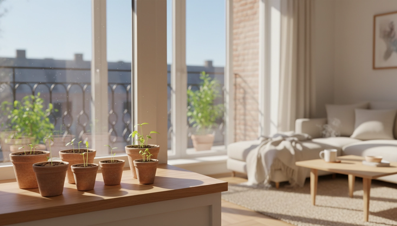 Jeunes pousses de légumes et fleurs à semer en intérieur pour petit balcon près d'une fenêtre lumineuse.