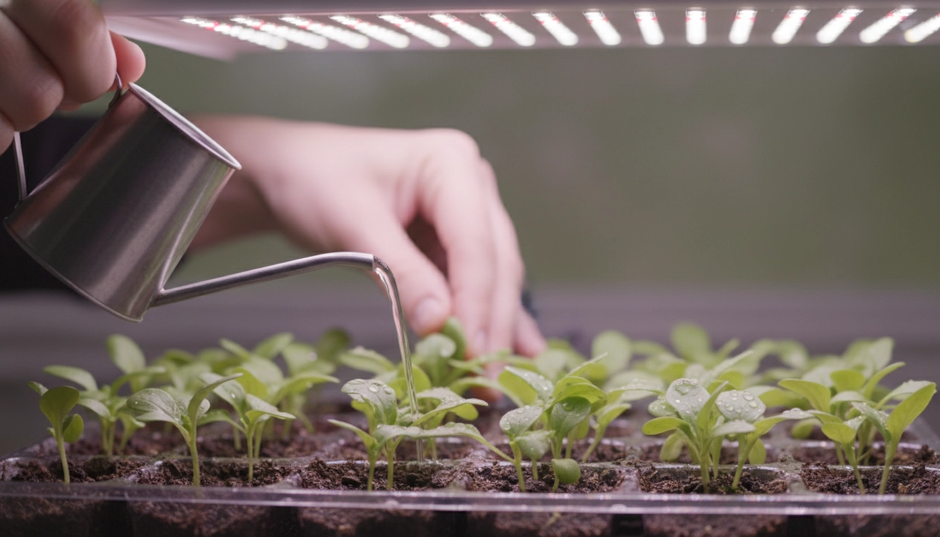 Entretien et arrosage de jeunes plants sous lampe horticole dans un appartement urbain.