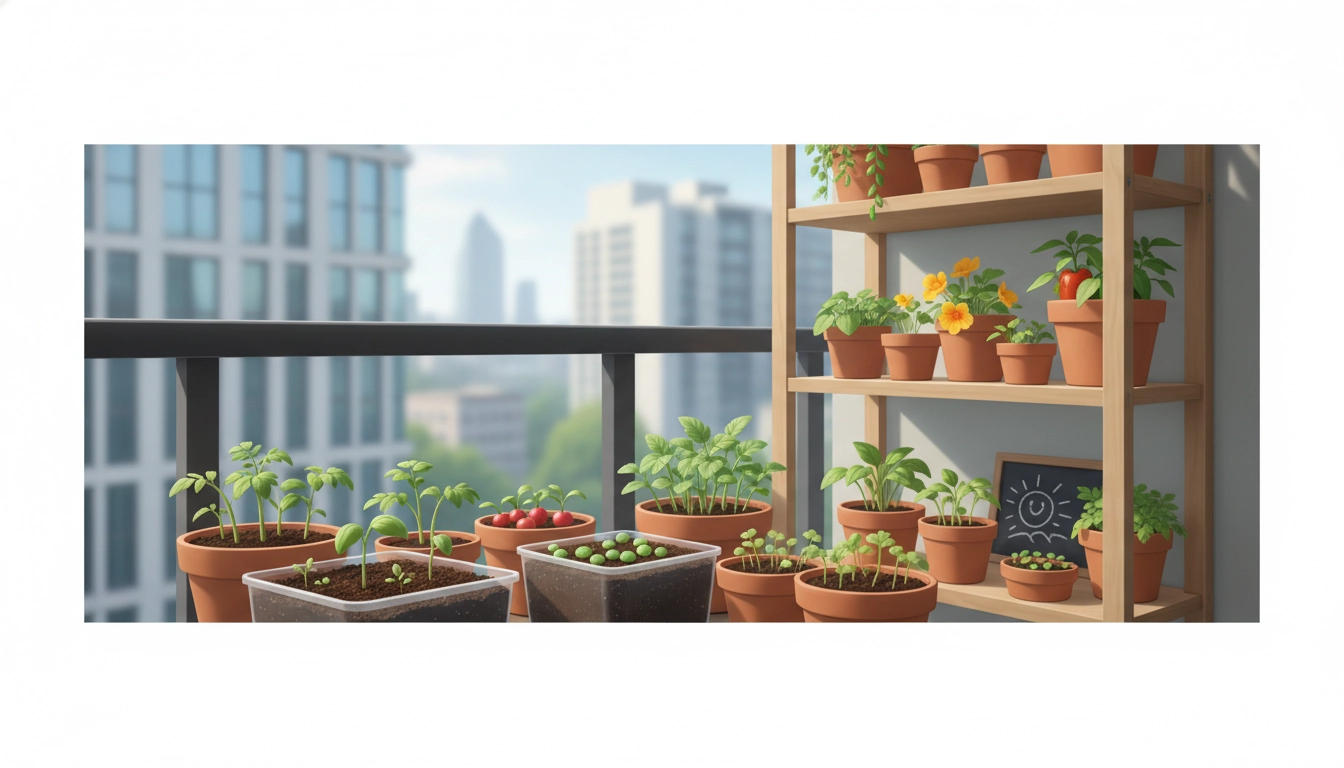 Un assortiment foisonnant de légumes et fleurs à semer en intérieur pour petit balcon près d'une fenêtre lumineuse.