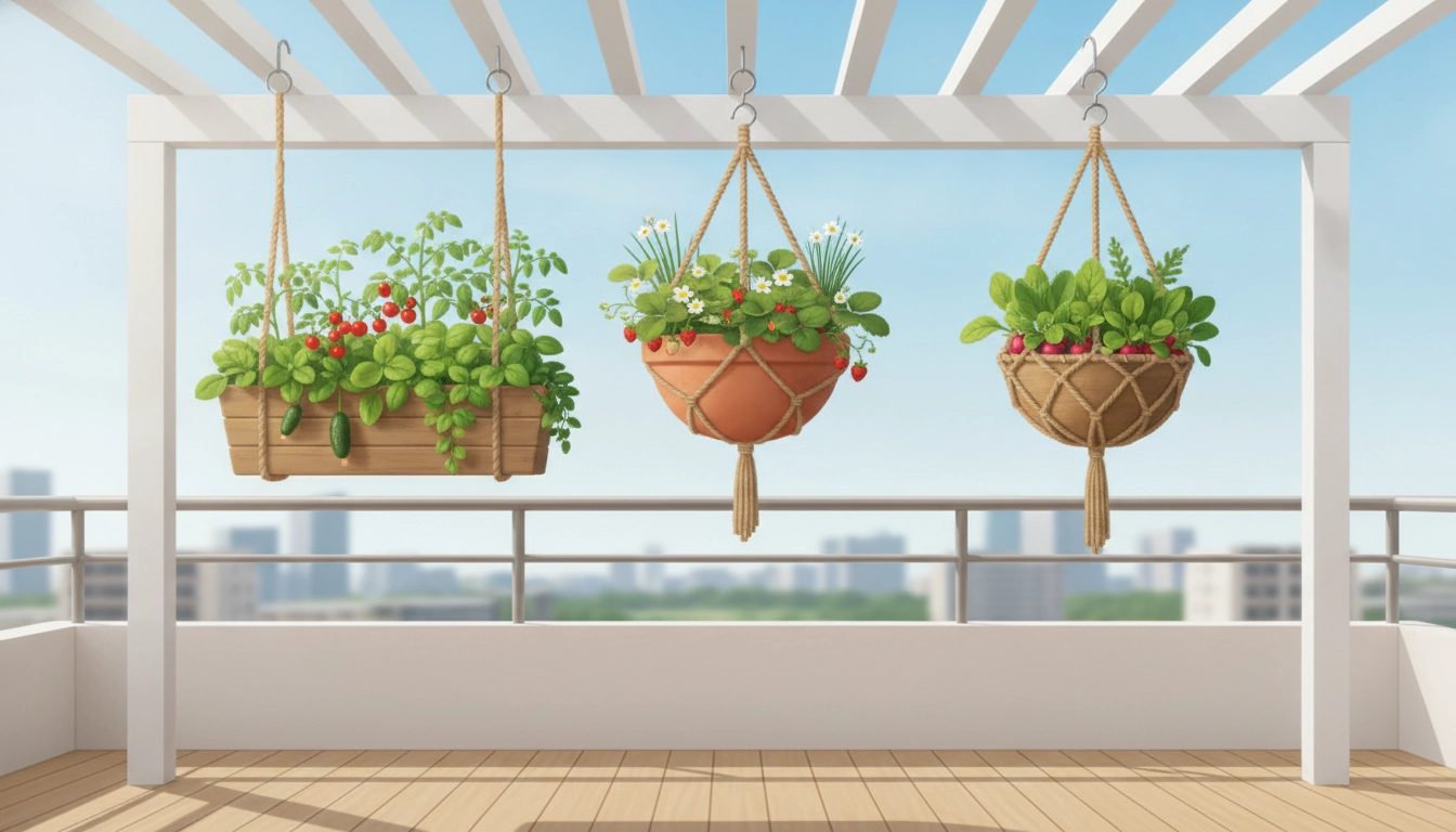 Installation de petits légumes jardinières suspendues balcon appartement