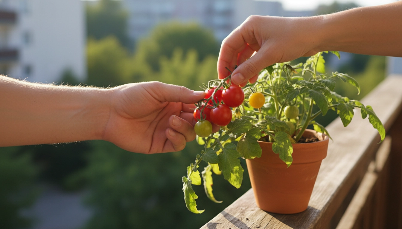 Récolte de tomates cerises dans un petit pot sur balcon, légumes cultivés en espace réduit
