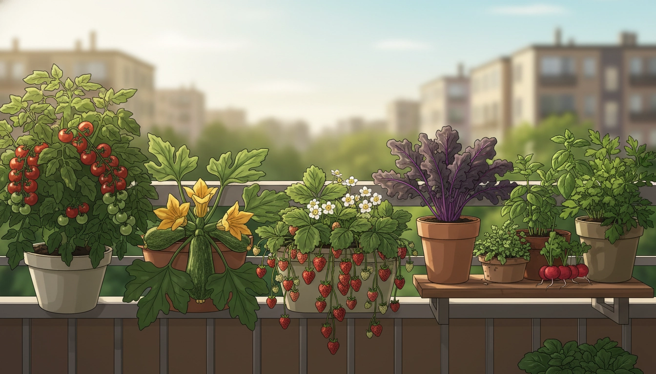 Balcon urbain avec plusieurs petits pots de légumes colorés et variés en pleine croissance sous le soleil