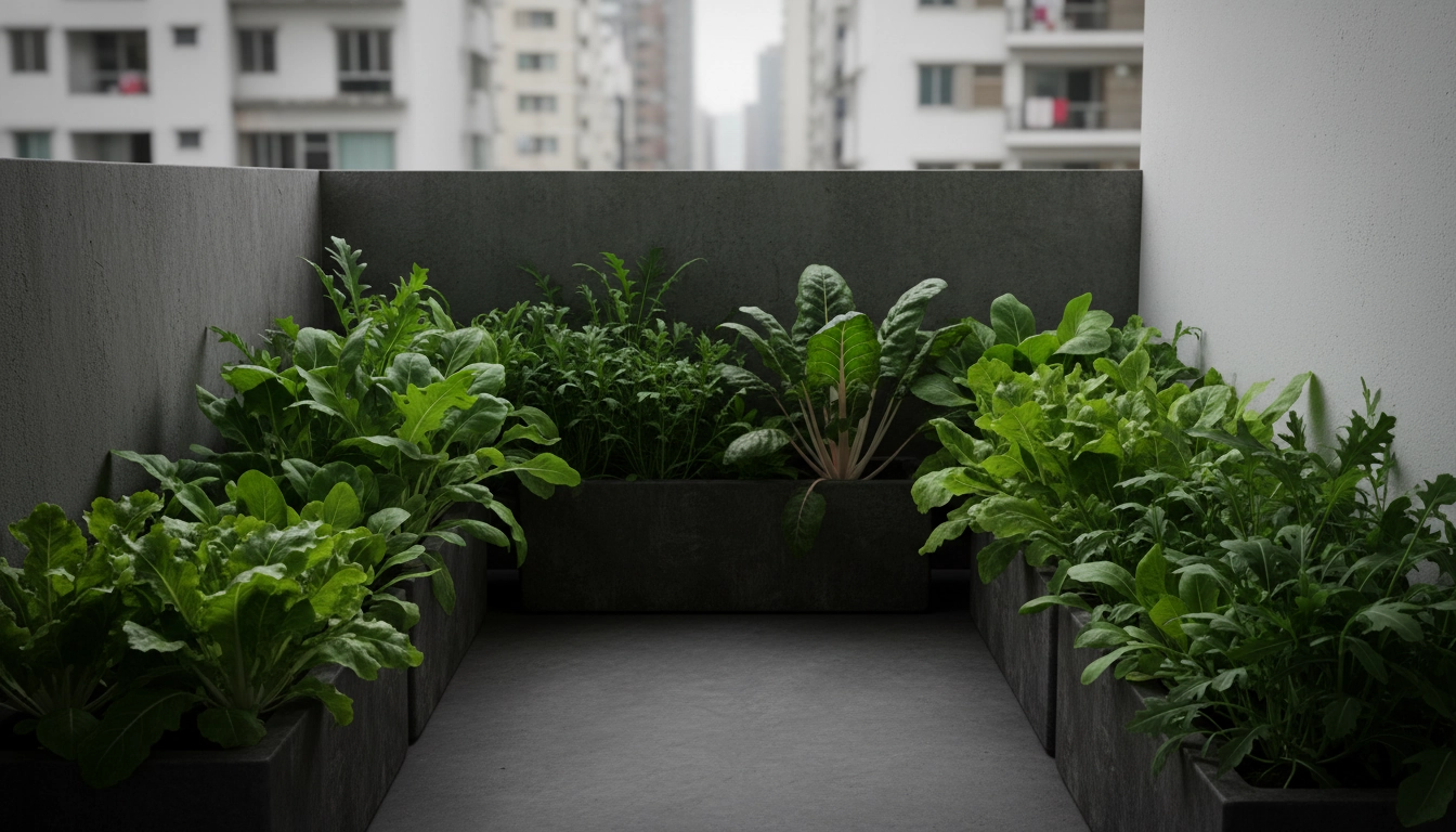 Jardinières de légumes qui poussent à l'ombre sur un balcon nord, avec laitues, épinards et blettes en pleine croissance