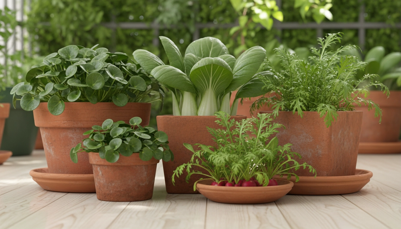 Pots de mâche, pak-choï et radis cultivés à l'ombre partielle sur un balcon nord exposé