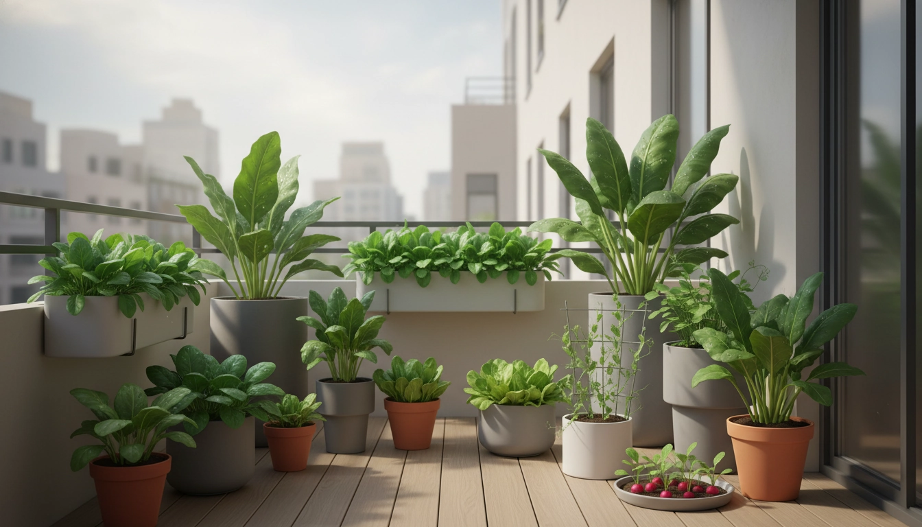 Balcon orienté au nord avec des jardinières remplies de légumes verts poussant à l'ombre