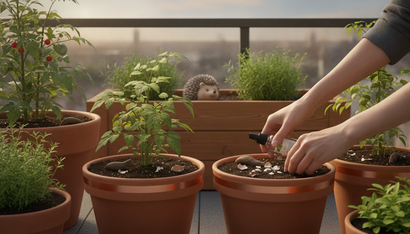 Potager sur balcon avec solutions naturelles contre les limaces : barrières de marc de café et pièges à bière