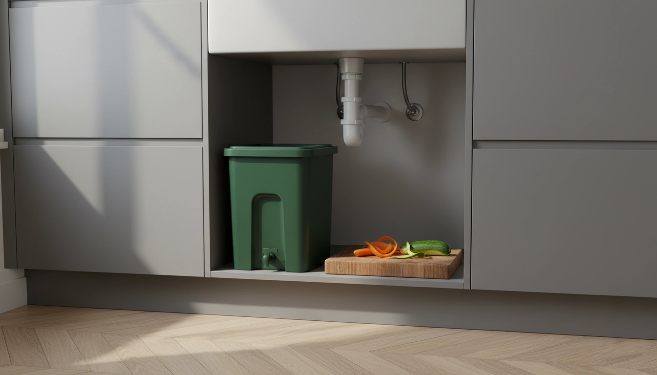 Lombricomposteur appartement installé sous l'évier d'une cuisine moderne avec des épluchures de légumes
