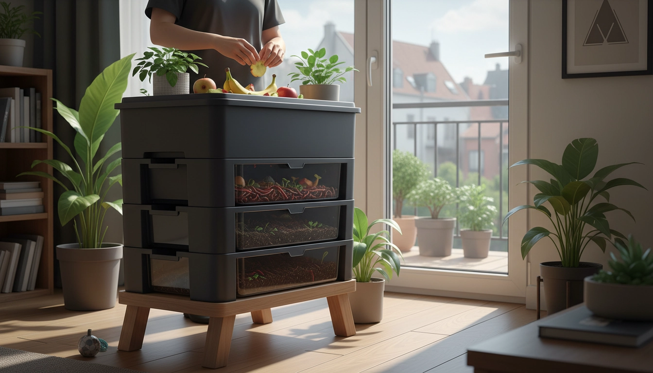 Lombricomposteur appartement posé sous un évier de cuisine avec des épluchures de légumes et des vers rouges visibles