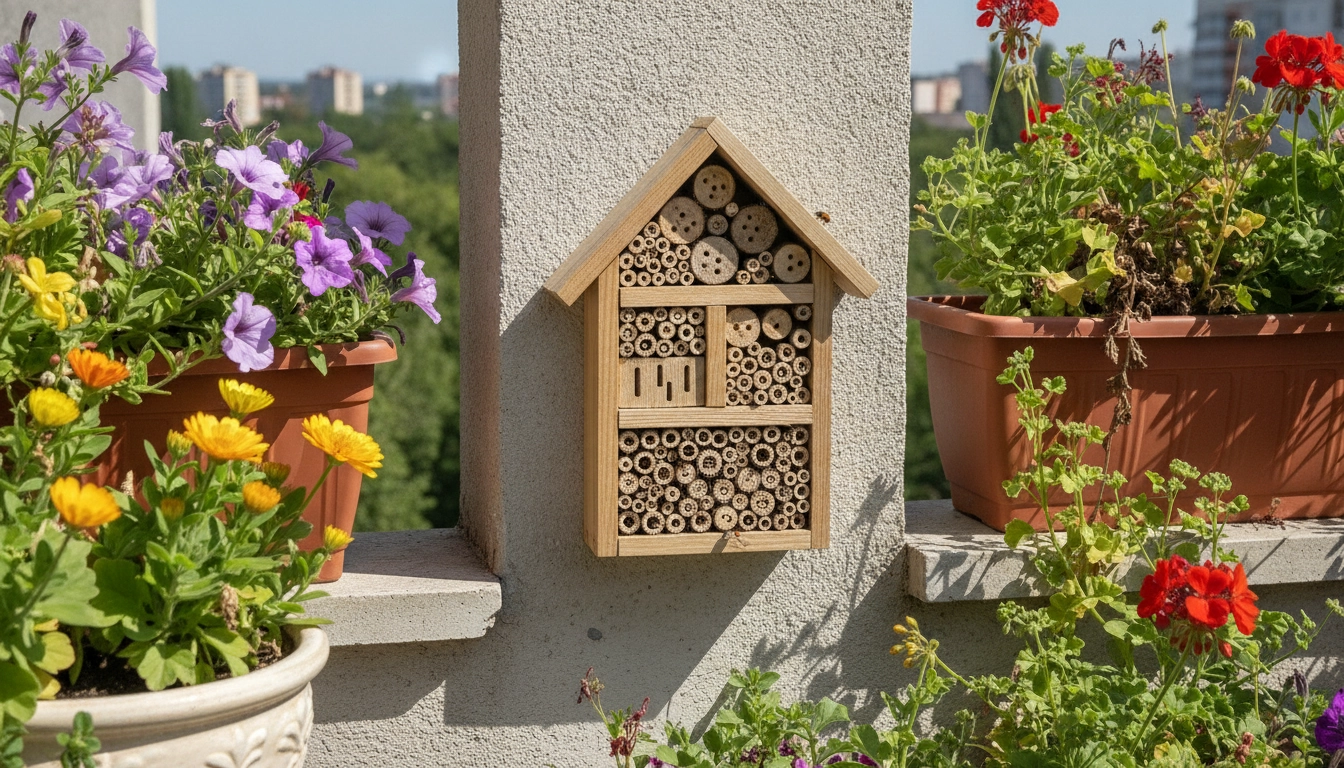 Un refuge pour insectes auxiliaires sur un balcon urbain.
