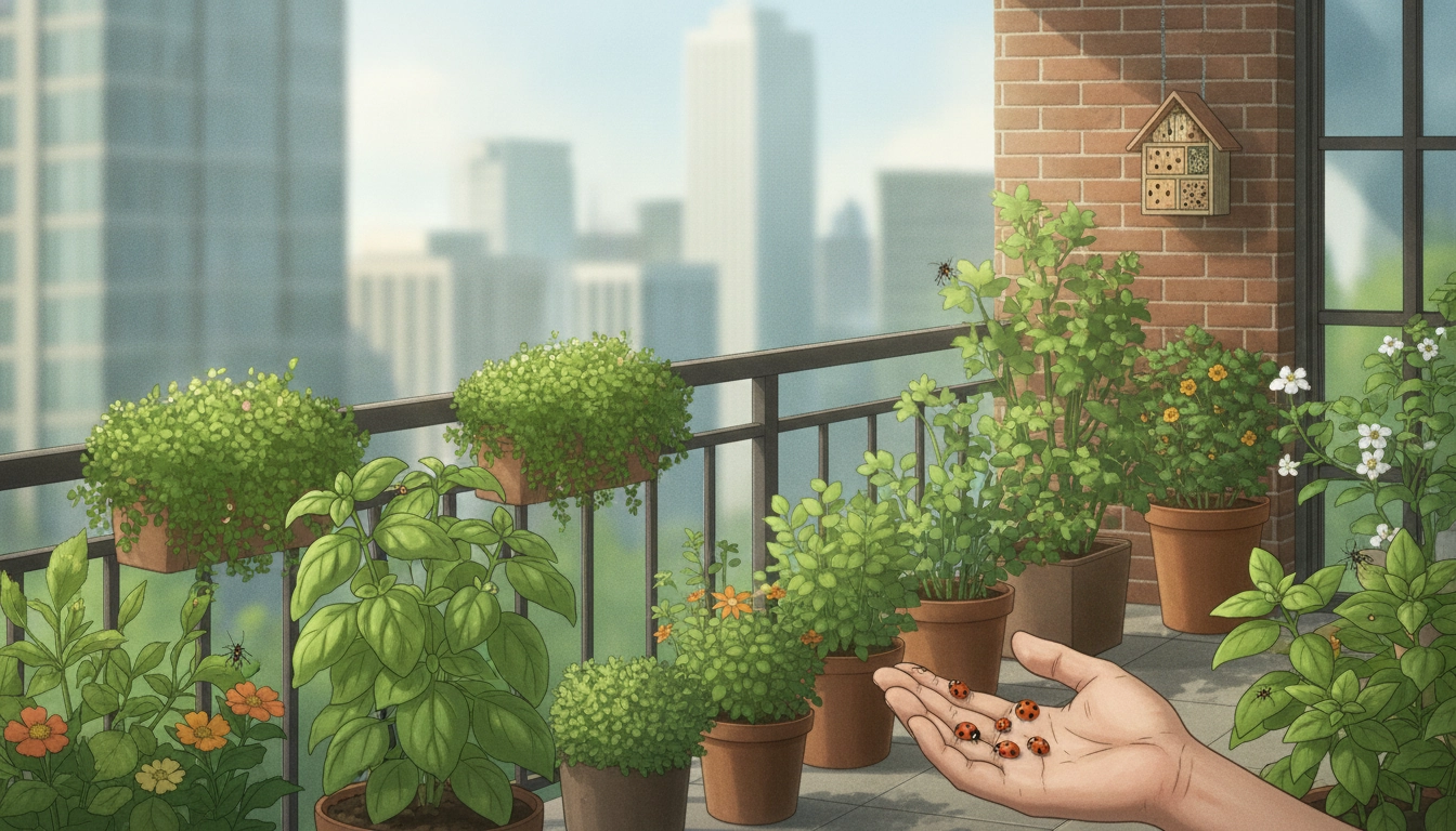 Une coccinelle sur une feuille de plante de balcon, illustration de la lutte biologique contre les parasites en ville avec des insectes auxiliaires.