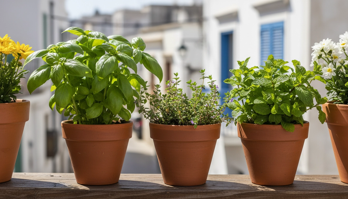 Herbes aromatiques saines sur balcon ensoleillé — gestes essentiels pour prévenir les maladies fongiques herbes aromatiques balcon