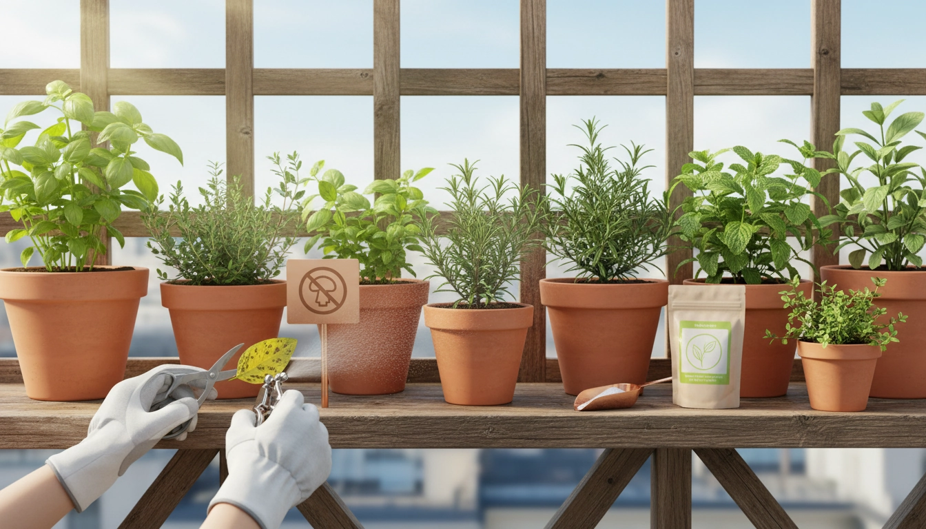 Herbes aromatiques en pots sur un balcon ensoleillé, saines et bien espacées pour prévenir les maladies fongiques