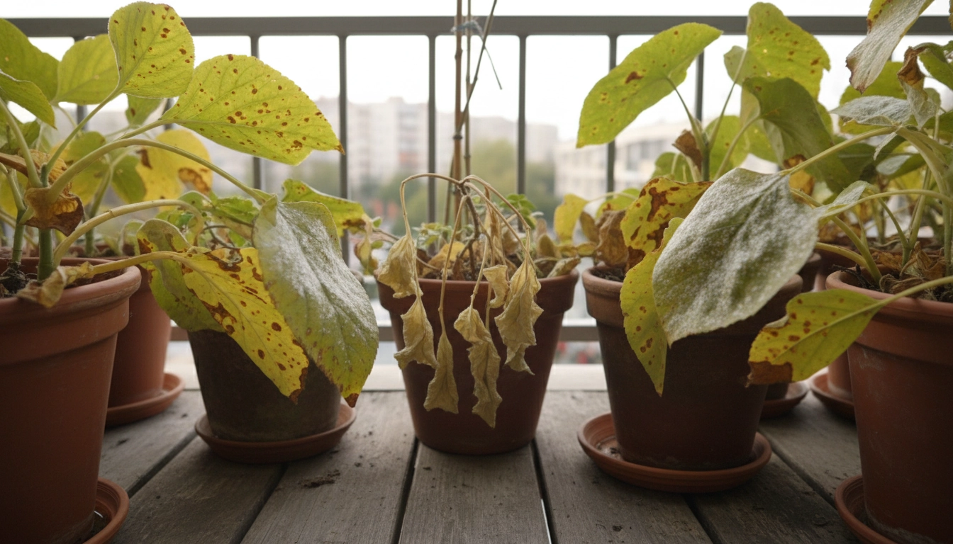 Plantes de balcon avec symptômes de maladies plantes balcon : feuilles jaunes, oïdium et taches brunes