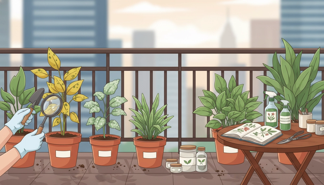 Diagnostic des maladies plantes balcon : feuilles avec symptômes variés sur un balcon urbain